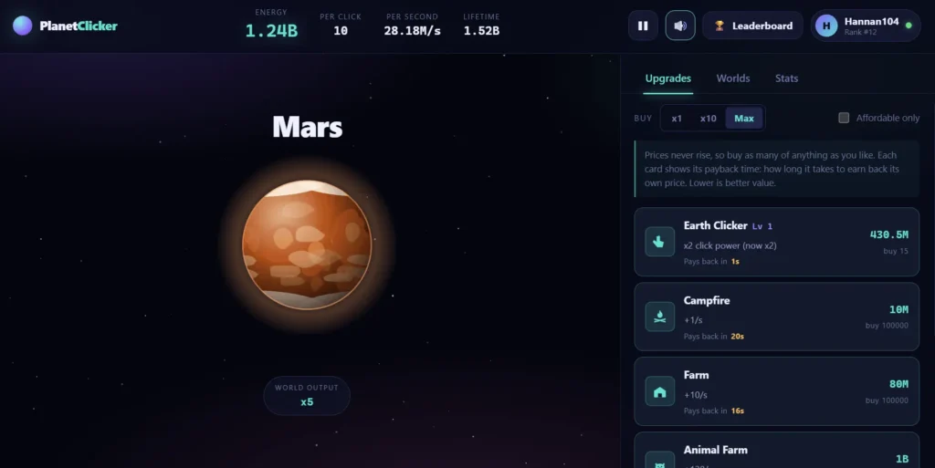 planet clicker game interace