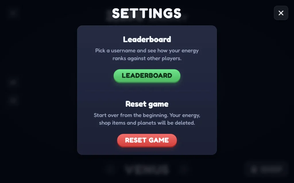 Reset Game button planet clicker